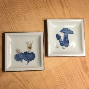 Mushrooms & Radish Plates VTG Otigari Appetizer/Trinket Dish 4 7/8” Square Blue